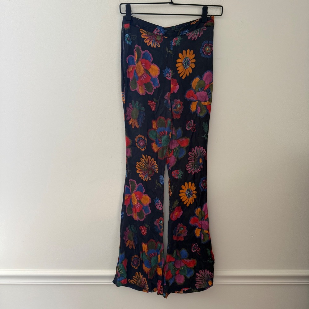 Farm Rio Floral Flare Leg Pants XS High Waist Multi Color Bell Bottom Viscose